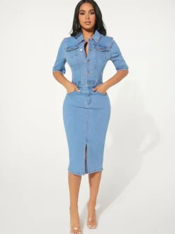 Robe midi moulante en jean délavé pour femme - Robe crayon bleue cintrée à boutons - Collection printemps-été 2026