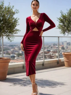 Robe midi moulante sexy en velours Bargendy à découpes et manches longues pour femme 2026