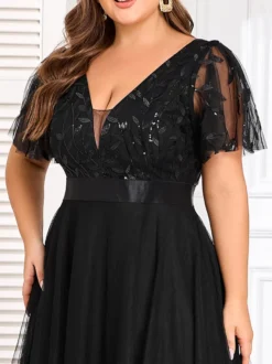 Robe midi noire grande taille à col en V sequins à feuilles et manches papillon en tulle robe de cocktail
