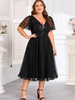 Robe midi noire grande taille à col en V sequins à feuilles et manches papillon en tulle robe de cocktail