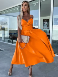 Robe midi nuisette à découpes et torsades pour femme - Robe de cocktail sexy fendue en V - Idéale pour les invités aux mariages d'été 2026