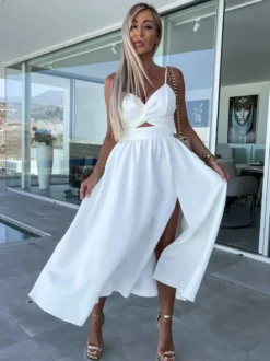 Robe midi nuisette à découpes et torsades pour femme - Robe de cocktail sexy fendue en V - Idéale pour les invités aux mariages d'été 2026