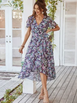Robe midi portefeuille à imprimé floral pour femme - Robe courte à volants et coupe asymétrique - Tenue d'invitée pour un mariage d'été au jardin (collection 2026)
