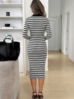 Robe midi rayée en maille pour femme demi-zip col à manches longues coupe ajustée moulante style crayon décontracté