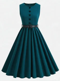 Robe midi rouge vintage chic cintrée à la taille