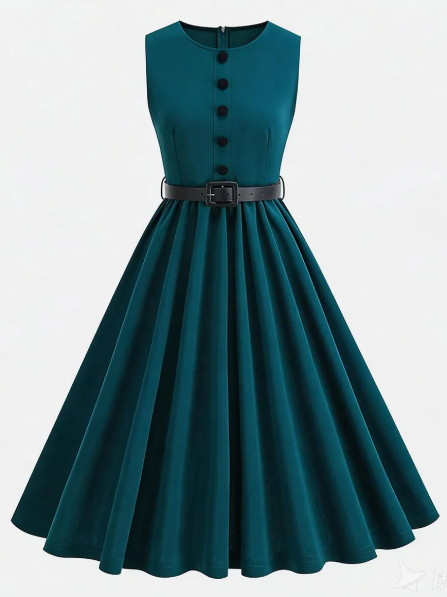 Robe midi rouge vintage chic cintrée à la taille
