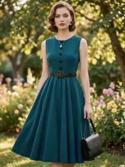 Robe midi rouge vintage chic cintrée à la taille
