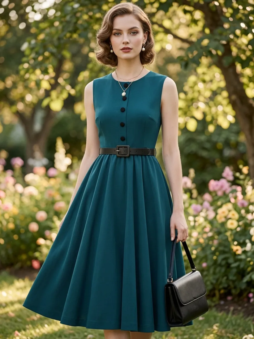 Robe midi rouge vintage chic cintrée à la taille