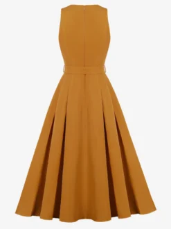 Robe midi sans manches à col en V et ceinture pour femme coupe trapèze boutonnée sur le devant