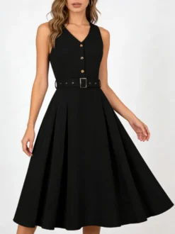 Robe midi sans manches à col en V et ceinture pour femme coupe trapèze boutonnée sur le devant