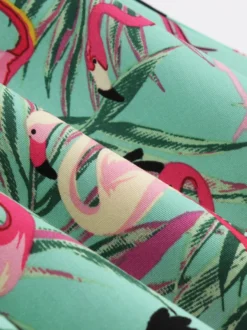 Robe midi sans manches à imprimé flamant rose vintage col rond nœud dans le dos coupe trapèze verte