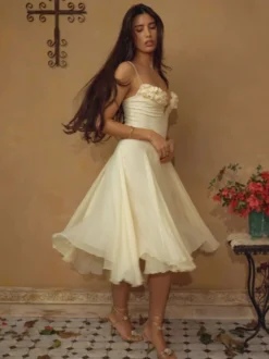 Robe midi transparente à imprimé floral 3D pour femme - Robe nuisette jaune beurre Fairycore à col en V - Idéale pour une soirée romantique à la plage en été 2026