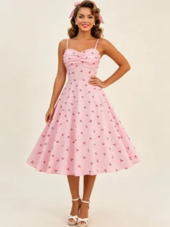Robe midi trapèze à imprimé cerises rose dos nu pour femme douce d'été