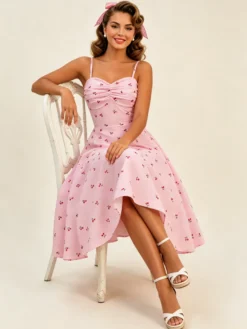 Robe midi trapèze à imprimé cerises rose dos nu pour femme douce d'été
