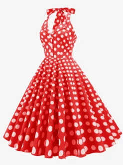 Robe midi trapèze à pois vintage années 1950 pour femme - Robe d'été rockabilly pin-up dos nu - Idéale pour un pique-nique de vacances 2026