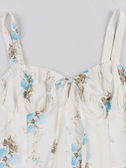 Robe midi trapèze sans manches à imprimé floral et buste froncé pour femme 2026