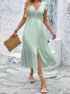Robe midi vert sauge pour femme - Robe trapèze à volants manches papillon boutons smockés sur le devant - Idéale pour les vacances d'été à la plage 2026