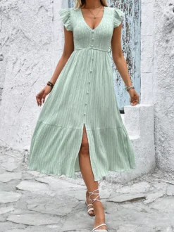 Robe midi vert sauge pour femme - Robe trapèze à volants manches papillon boutons smockés sur le devant - Idéale pour les vacances d'été à la plage 2026