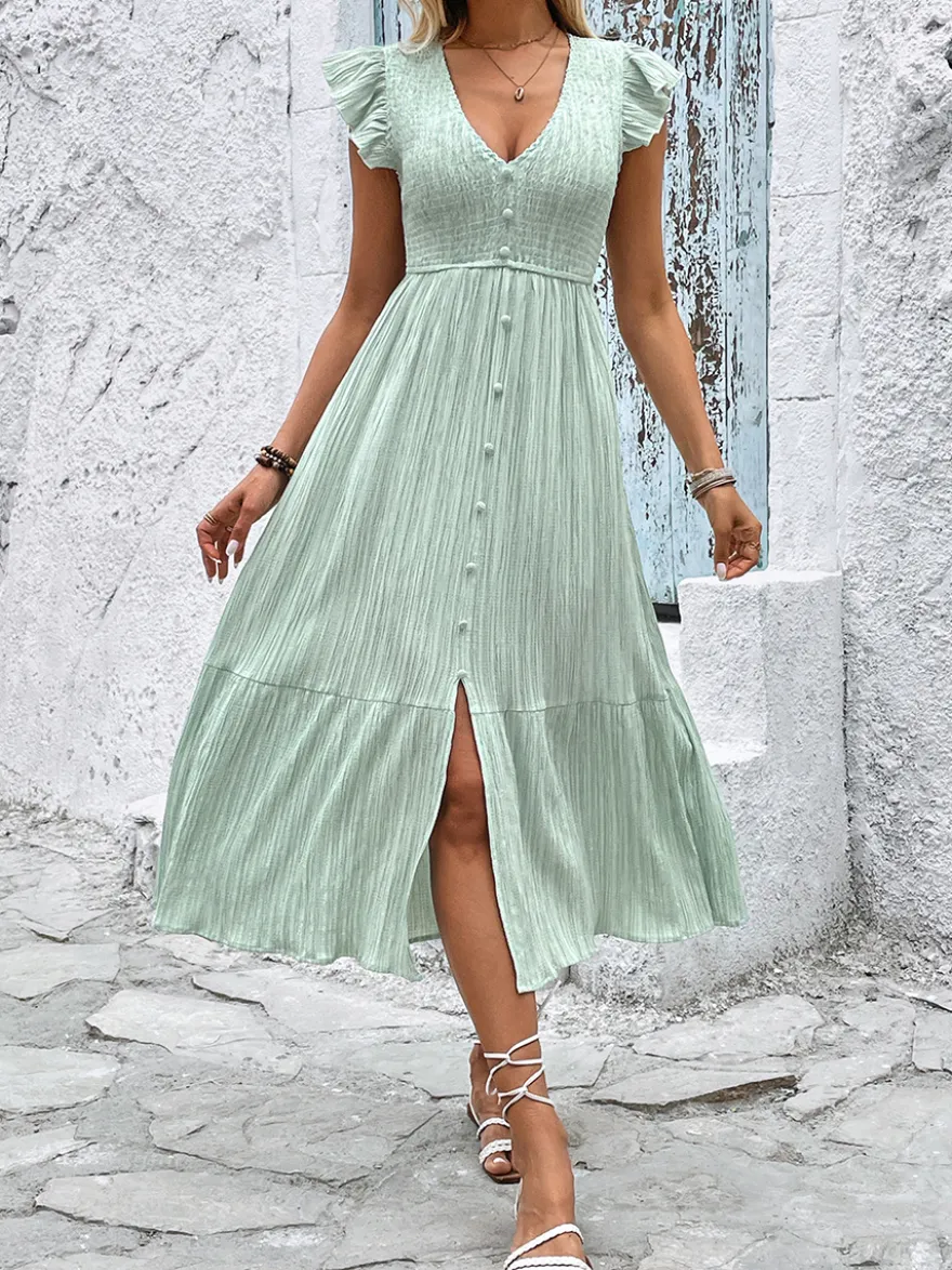 Robe midi vert sauge pour femme - Robe trapèze à volants manches papillon boutons smockés sur le devant - Idéale pour les vacances d'été à la plage 2026