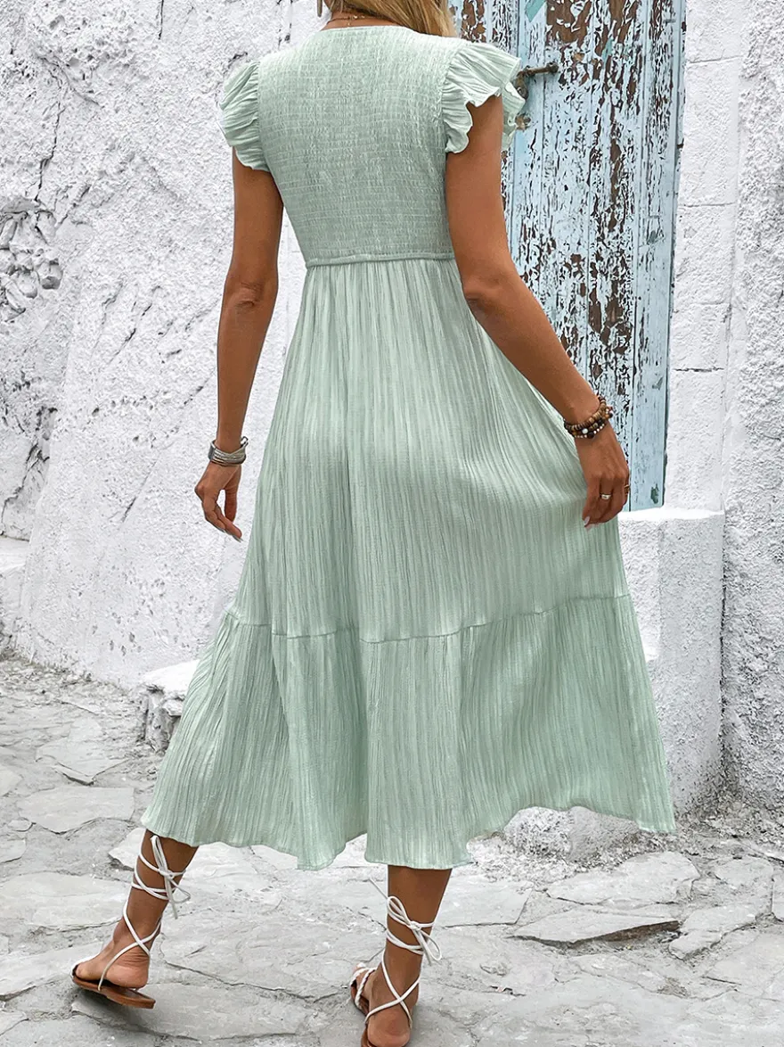 Robe midi vert sauge pour femme - Robe trapèze à volants manches papillon boutons smockés sur le devant - Idéale pour les vacances d'été à la plage 2026