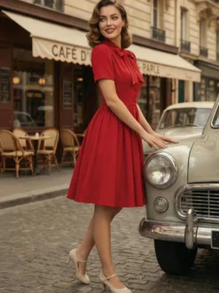 Robe midi vintage années 1950 pour femme - Col nœud manches courtes coupe évasée style rockabilly - Idéale pour une garden-party (2026)