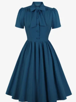 Robe midi vintage années 1950 pour femme - Col nœud manches courtes coupe évasée style rockabilly - Idéale pour une garden-party (2026)