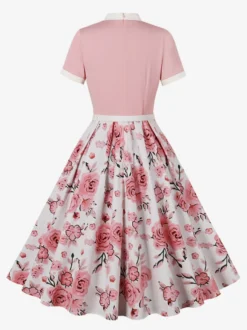 Robe midi vintage années 1950 pour femme - Robe trapèze imprimée à col nœud papillon - Idéale pour un thé printanier (2026)