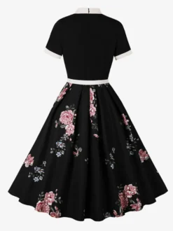 Robe midi vintage années 1950 pour femme - Robe trapèze imprimée à col nœud papillon - Idéale pour un thé printanier (2026)