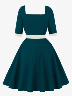 Robe midi vintage color block à col carré et coupe trapèze