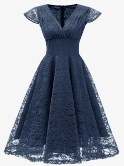 Robe midi vintage en dentelle années 1950 pour femme - Col en V manches courtes coupe trapèze robe de cocktail/bal - Tenue d'invitée de mariage 2026