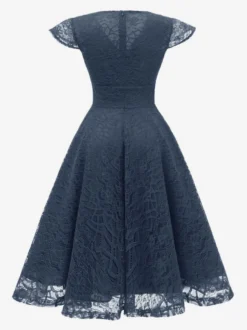 Robe midi vintage en dentelle années 1950 pour femme - Col en V manches courtes coupe trapèze robe de cocktail/bal - Tenue d'invitée de mariage 2026