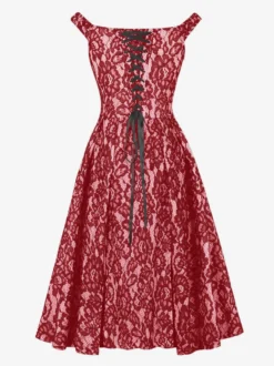 Robe midi vintage en dentelle florale pour femme épaules dénudées sans manches dos lacé coupe trapèze