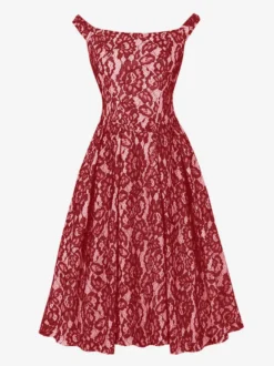 Robe midi vintage en dentelle florale pour femme épaules dénudées sans manches dos lacé coupe trapèze
