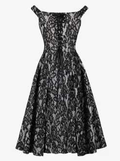 Robe midi vintage en dentelle florale pour femme épaules dénudées sans manches dos lacé coupe trapèze