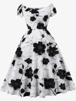 Robe midi vintage à fleurs noire et blanche coupe trapèze élégante robe de soirée
