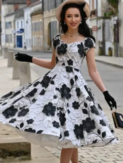 Robe midi vintage à fleurs noire et blanche coupe trapèze élégante robe de soirée