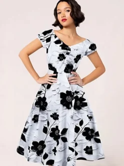 Robe midi vintage à fleurs noire et blanche coupe trapèze élégante robe de soirée