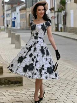 Robe midi vintage à fleurs noire et blanche coupe trapèze élégante robe de soirée