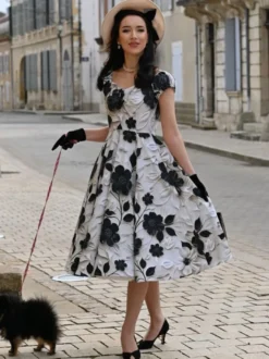Robe midi vintage à fleurs noire et blanche coupe trapèze élégante robe de soirée