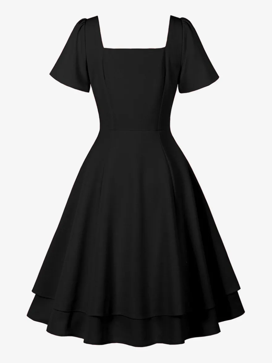 Robe midi vintage noire à col carré pour l'été 2026