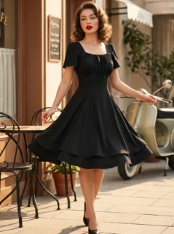 Robe midi vintage noire à col carré pour l'été 2026