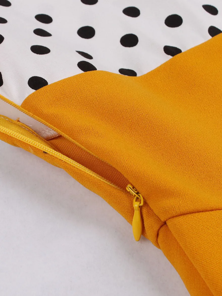 Robe midi vintage patchwork à pois col à revers manches courtes coupe trapèze jaune et noire