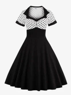 Robe midi vintage patchwork à pois col à revers manches courtes coupe trapèze jaune et noire