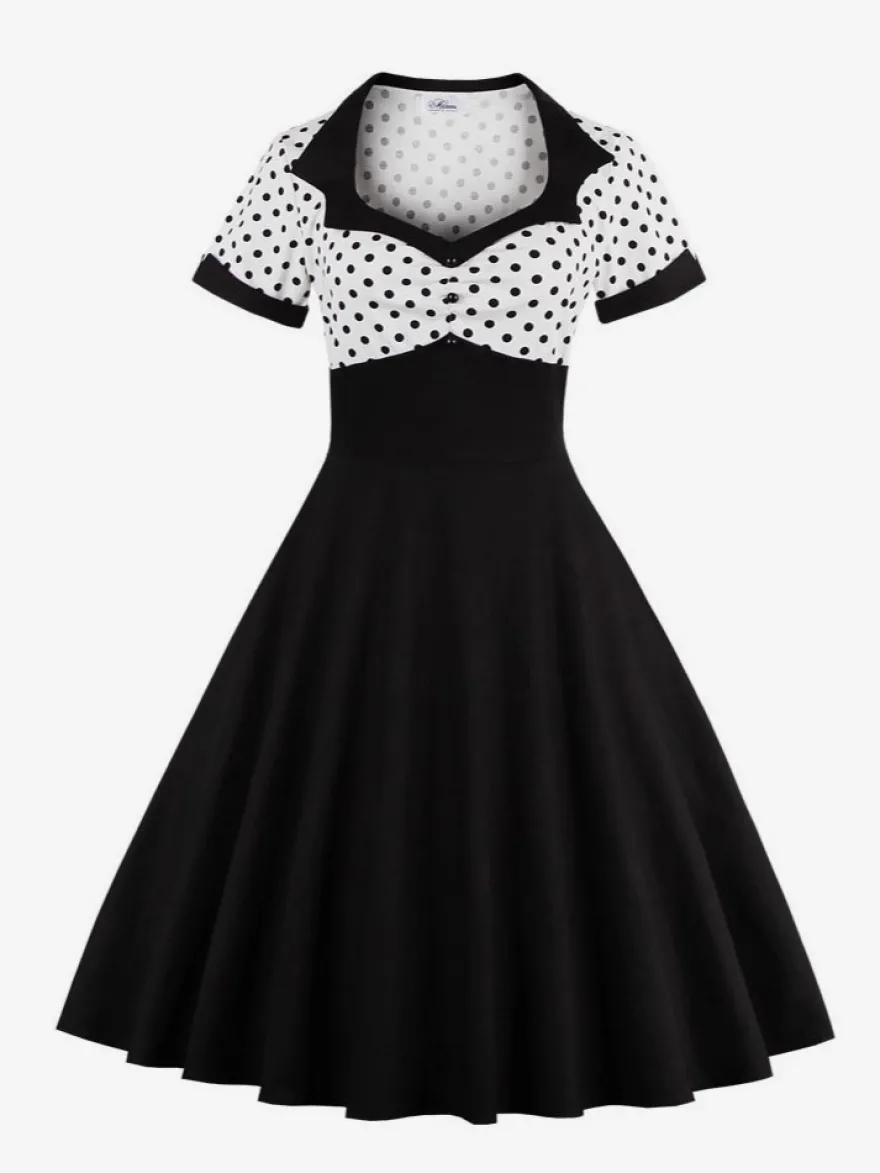 Robe midi vintage patchwork à pois col à revers manches courtes coupe trapèze jaune et noire