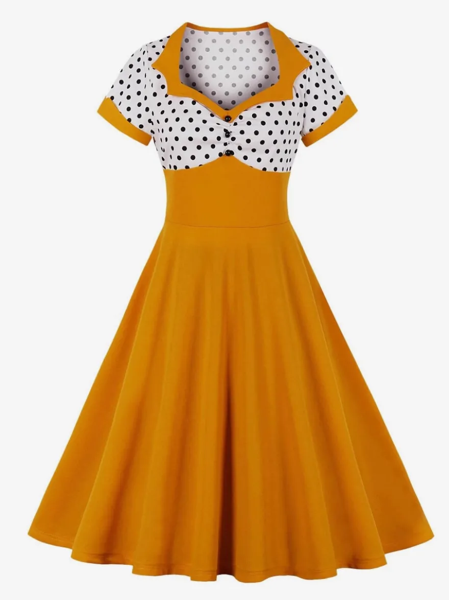 Robe midi vintage patchwork à pois col à revers manches courtes coupe trapèze jaune et noire