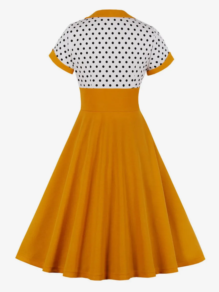 Robe midi vintage patchwork à pois col à revers manches courtes coupe trapèze jaune et noire
