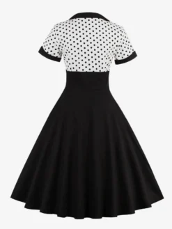 Robe midi vintage patchwork à pois col à revers manches courtes coupe trapèze jaune et noire