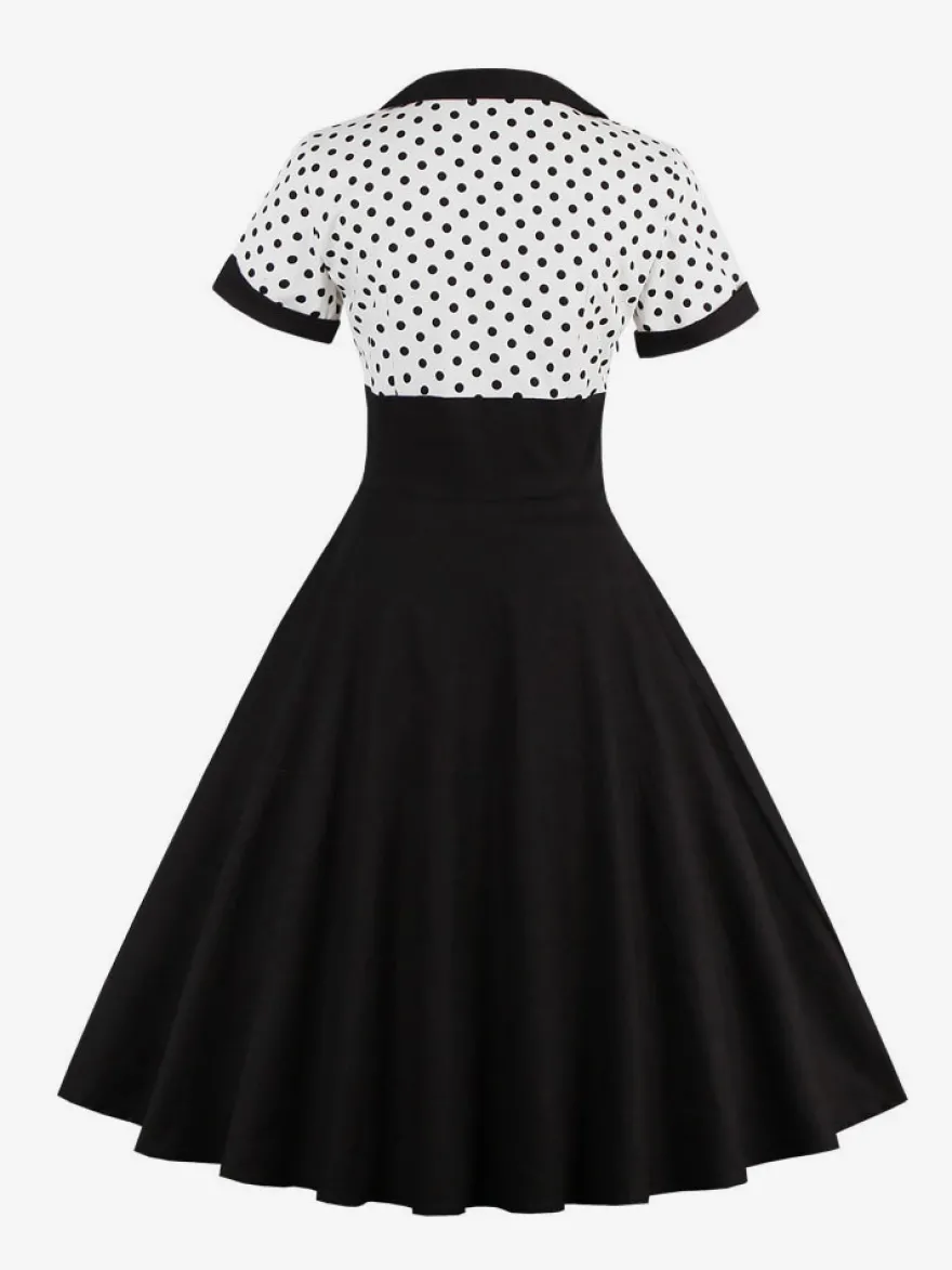 Robe midi vintage patchwork à pois col à revers manches courtes coupe trapèze jaune et noire