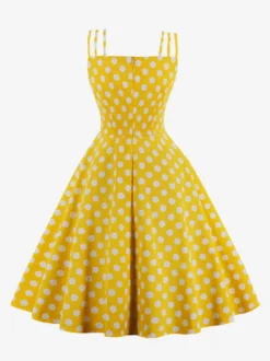 Robe midi vintage à pois bretelles doubles nœud sur le devant coupe trapèze jaune