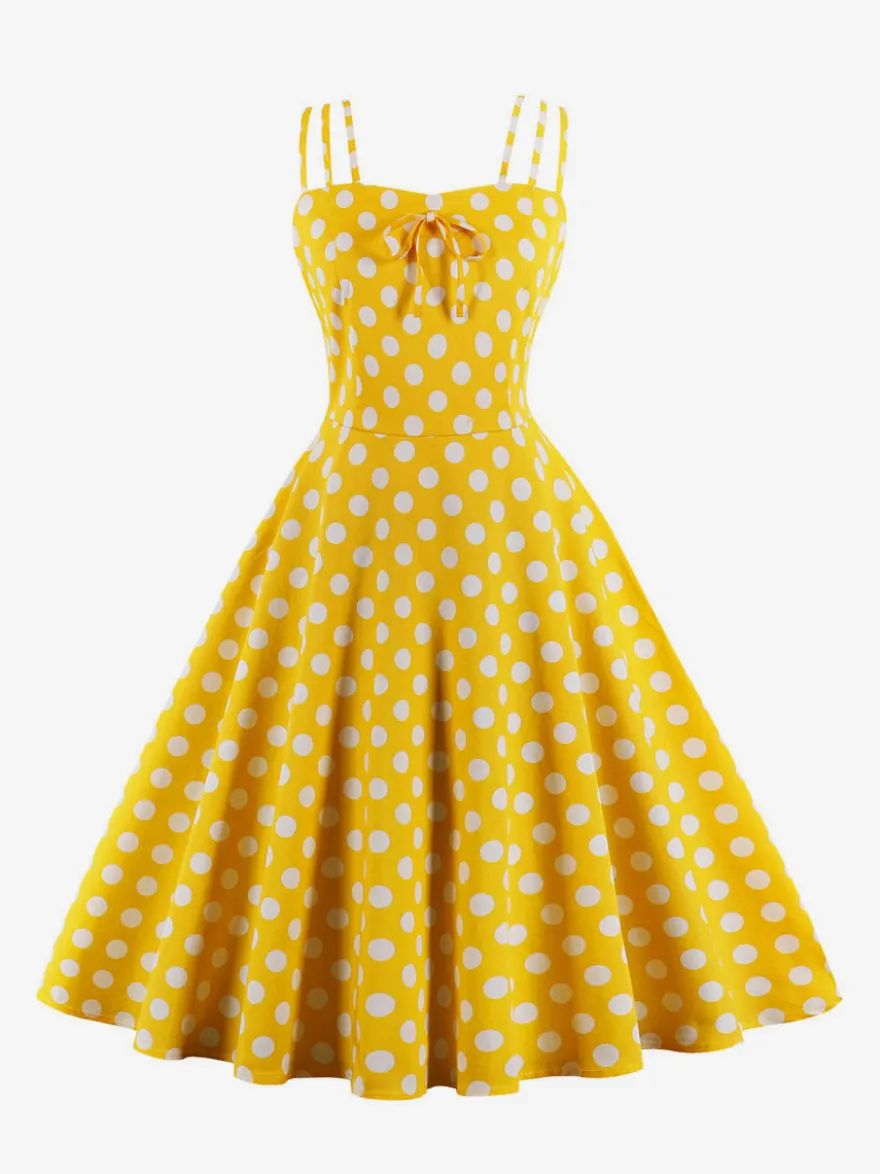 Robe midi vintage à pois bretelles doubles nœud sur le devant coupe trapèze jaune